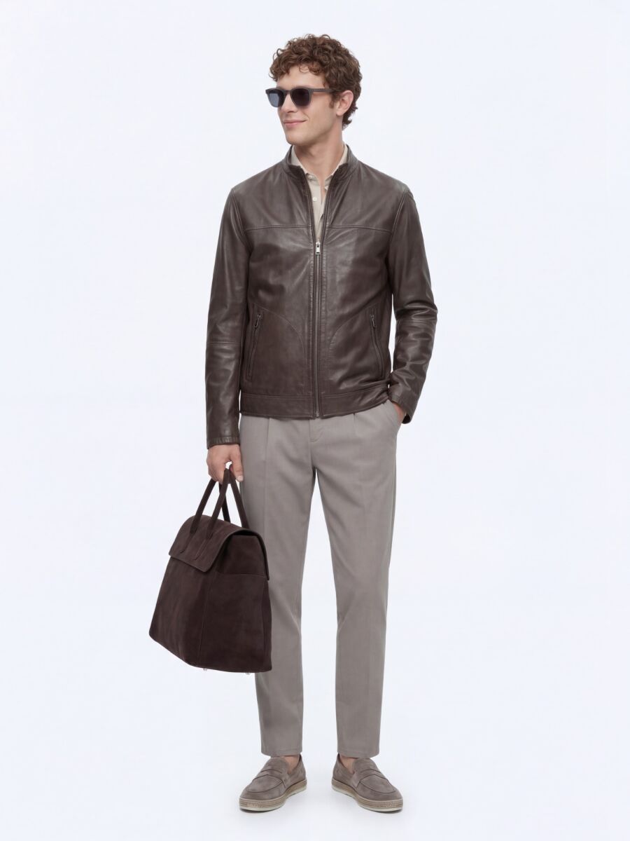 Khaki Regular Fit Turtleneck Smart Casual Double-Sided Leather Coat - 1