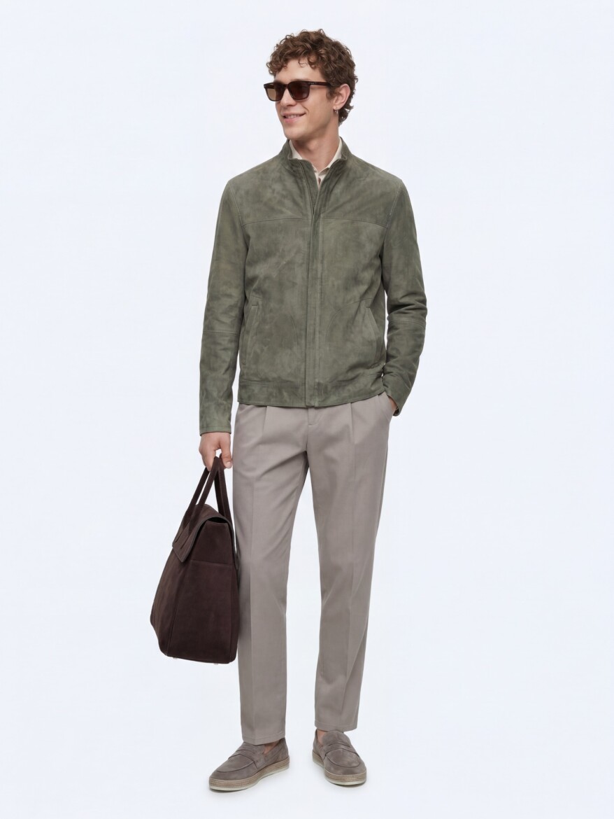 Khaki Regular Fit Turtleneck Smart Casual Double-Sided Leather Coat - KİP