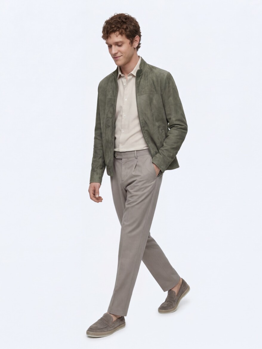 Khaki Regular Fit Turtleneck Smart Casual Double-Sided Leather Coat - 4