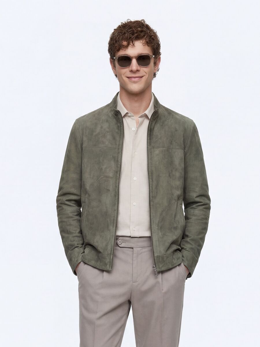 Khaki Regular Fit Turtleneck Smart Casual Double-Sided Leather Coat - 6