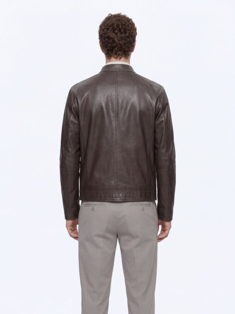 Khaki Regular Fit Turtleneck Smart Casual Double-Sided Leather Coat - 7