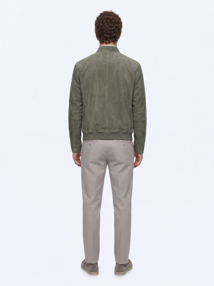 Khaki Regular Fit Turtleneck Smart Casual Double-Sided Leather Coat - 8