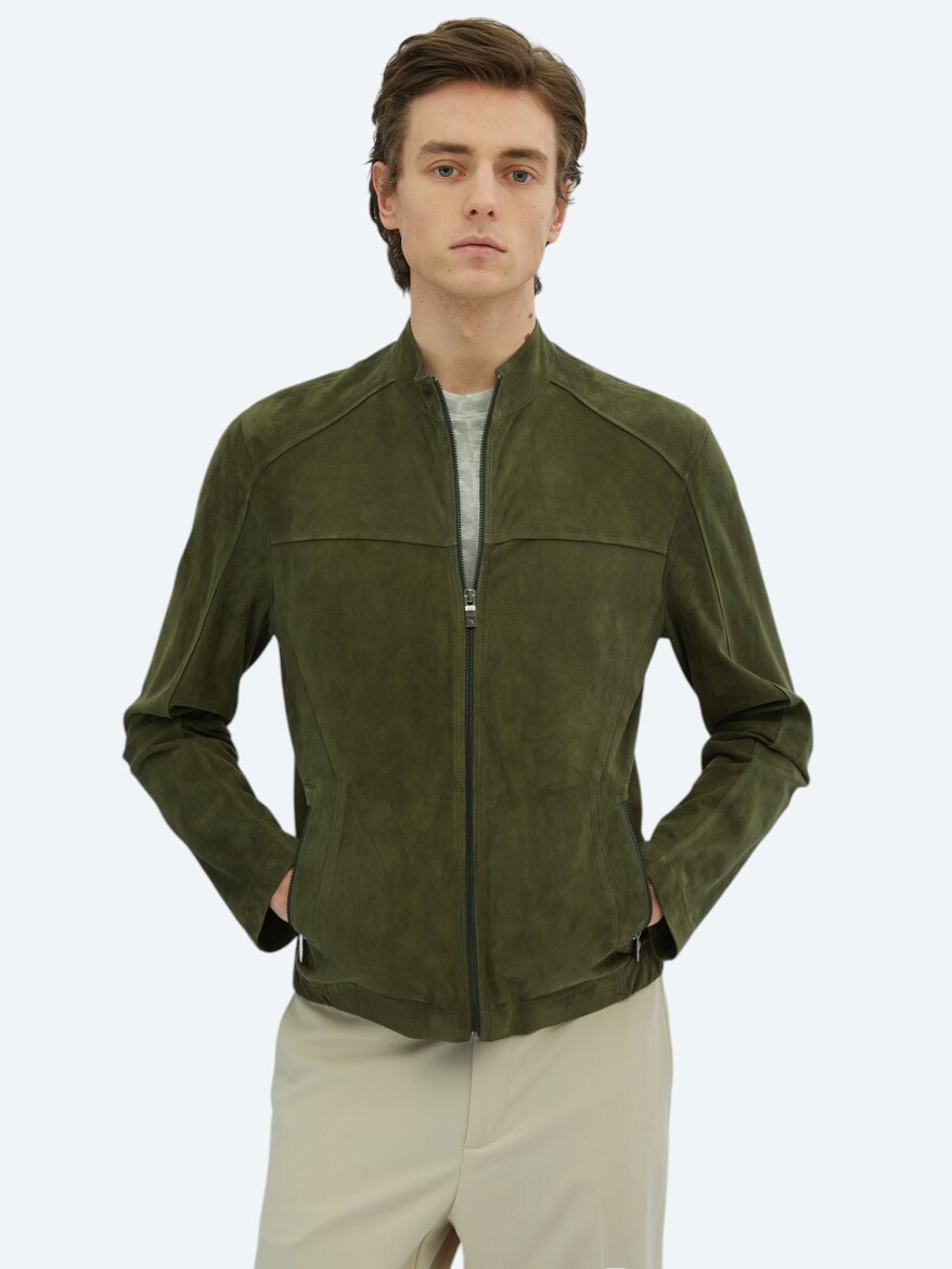 Khaki Regular Fit Turtleneck Smart Casual Leather Coat - KİP