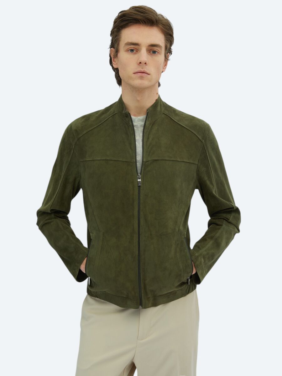 Khaki Regular Fit Turtleneck Smart Casual Leather Coat - 1