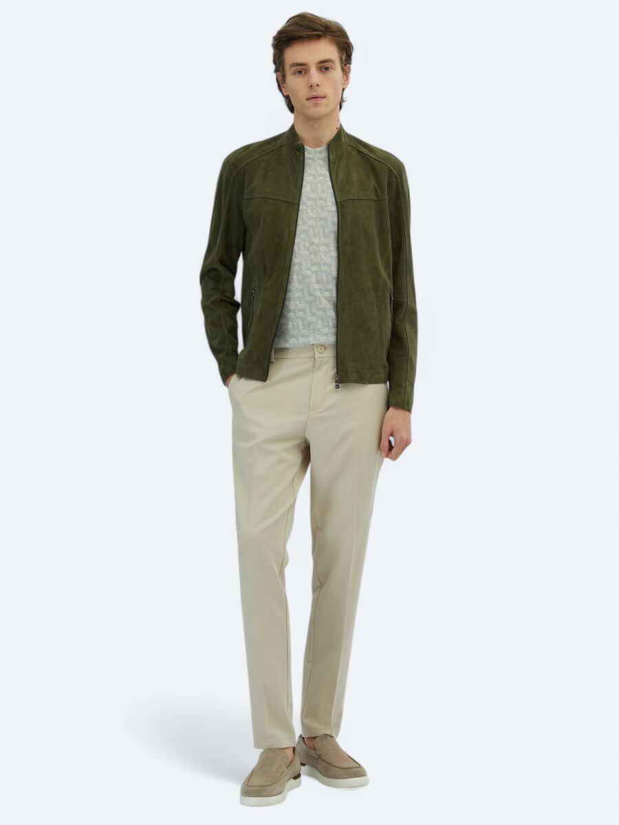 Khaki Regular Fit Turtleneck Smart Casual Leather Coat - 2