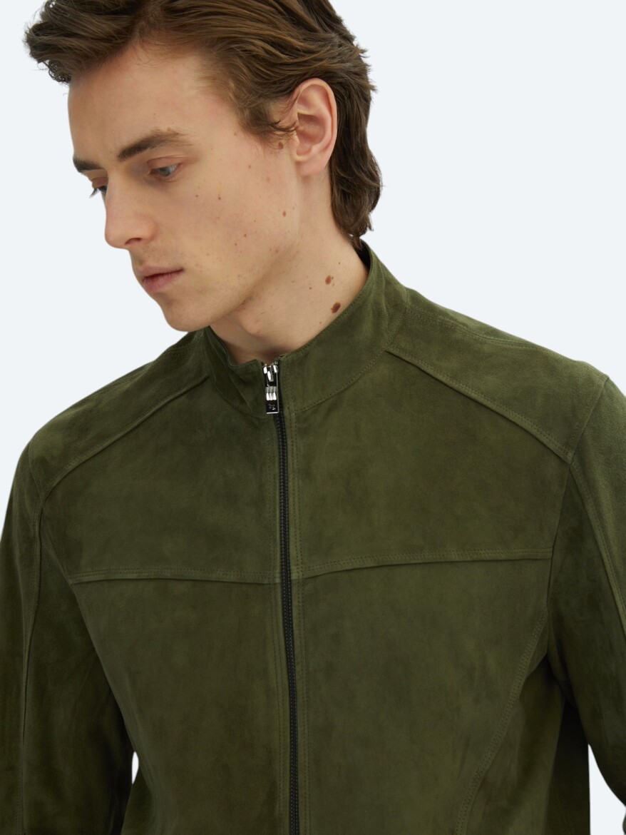 Khaki Regular Fit Turtleneck Smart Casual Leather Coat - 3