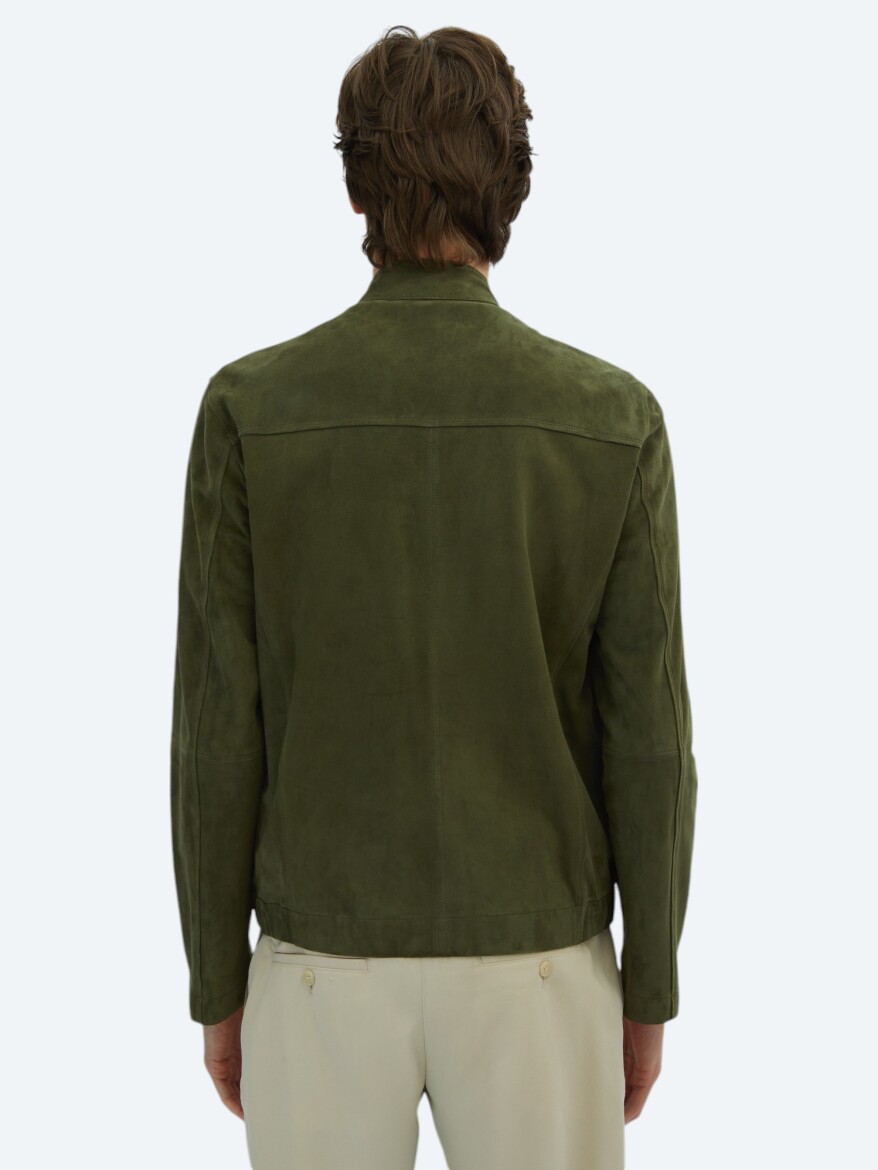 Khaki Regular Fit Turtleneck Smart Casual Leather Coat - 5