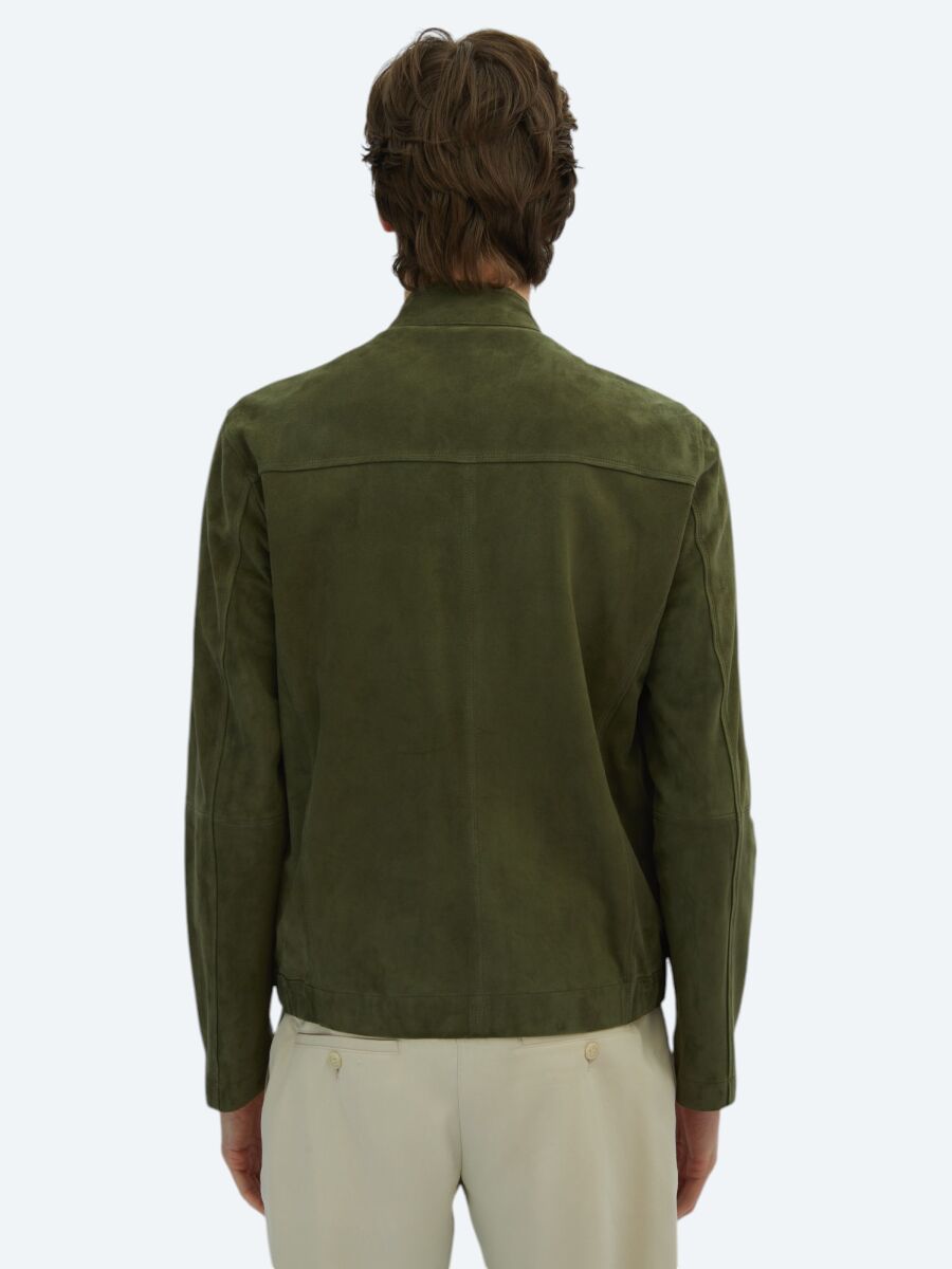 Khaki Regular Fit Turtleneck Smart Casual Leather Coat - 5