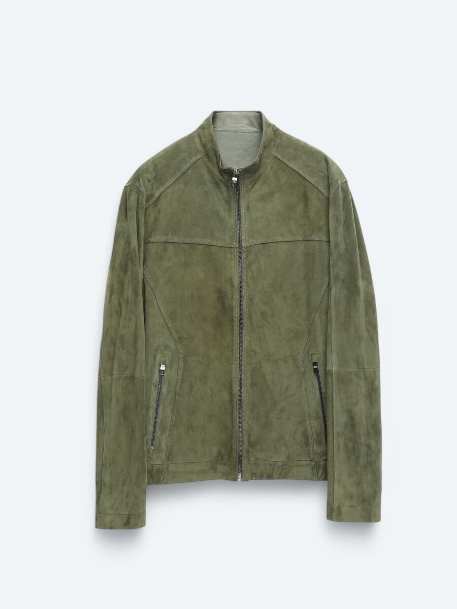 Khaki Regular Fit Turtleneck Smart Casual Leather Coat - 6