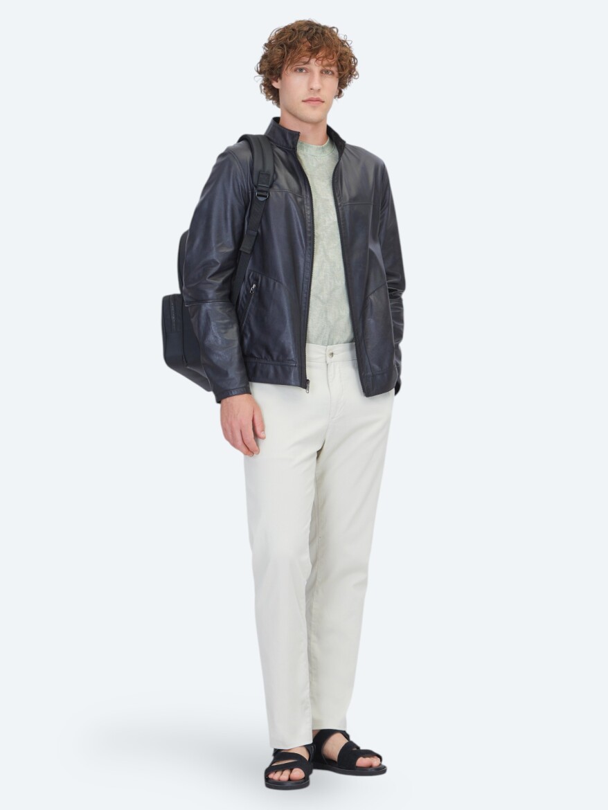 Khaki Regular Fit Turtleneck Smart Casual Leather Coat - 4