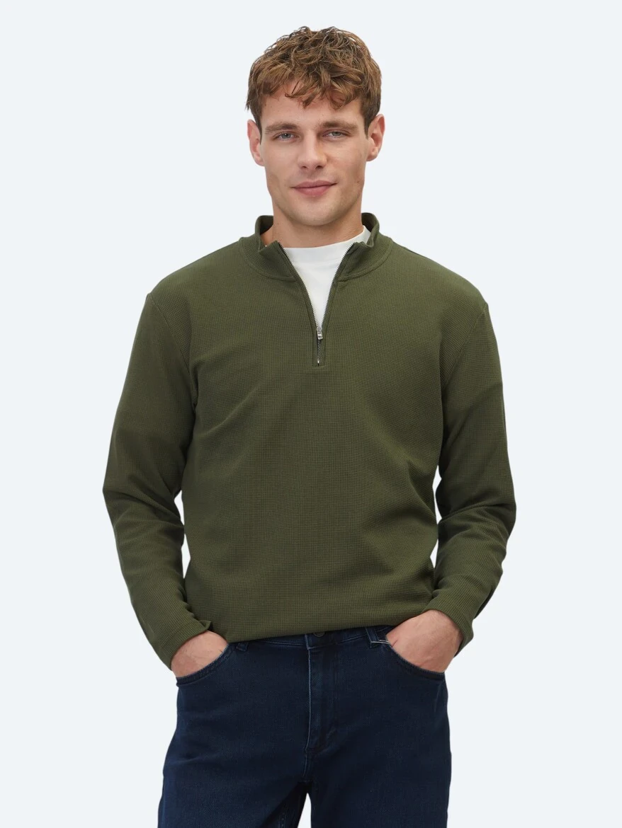 Khaki Ribbed Crew Neck T-Shirt - 1
