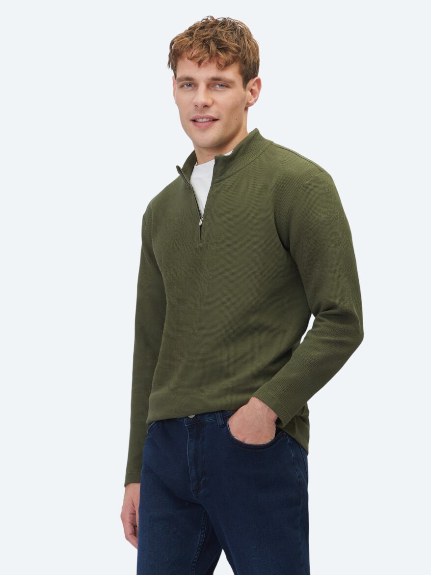 Khaki Ribbed Crew Neck T-Shirt - 3