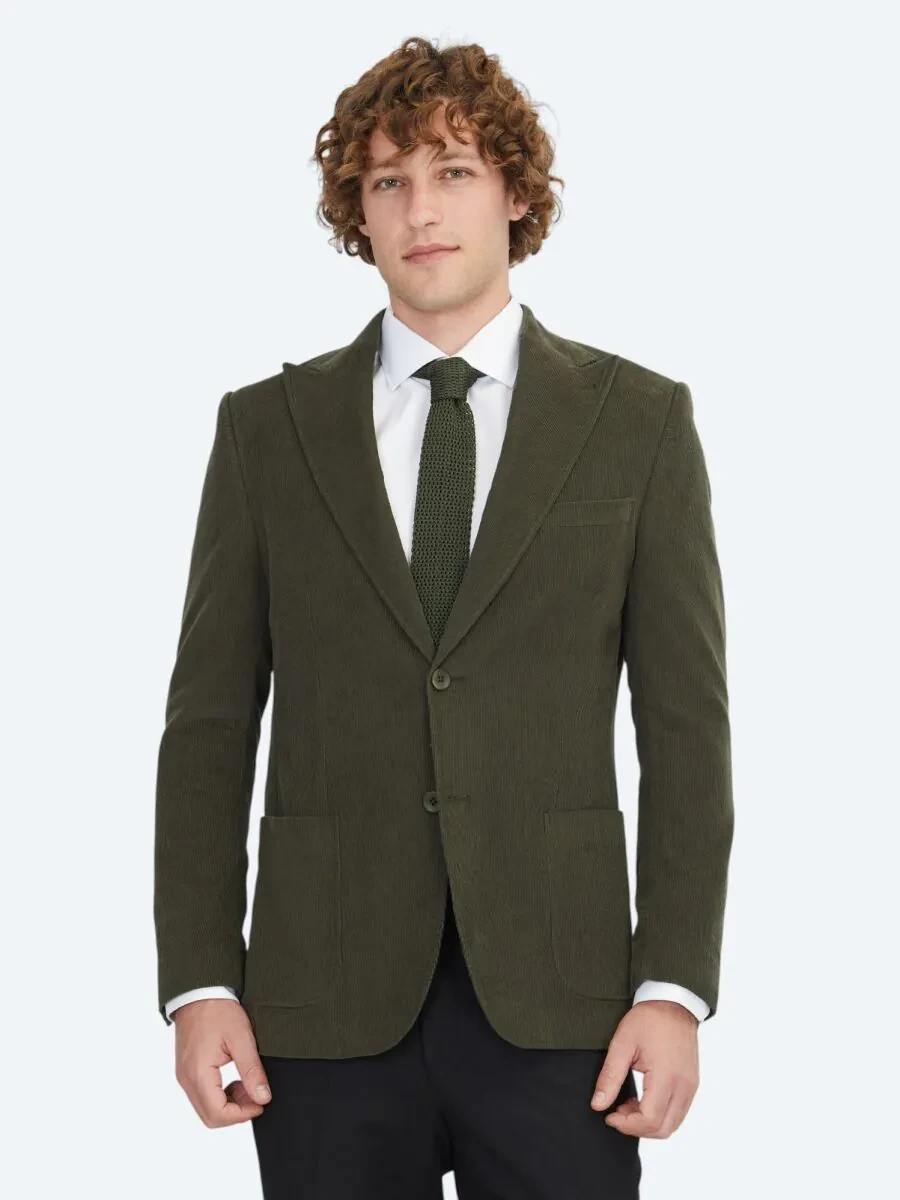 Khaki Ribbed Modern Fit 100% Cotton Jacket - 1