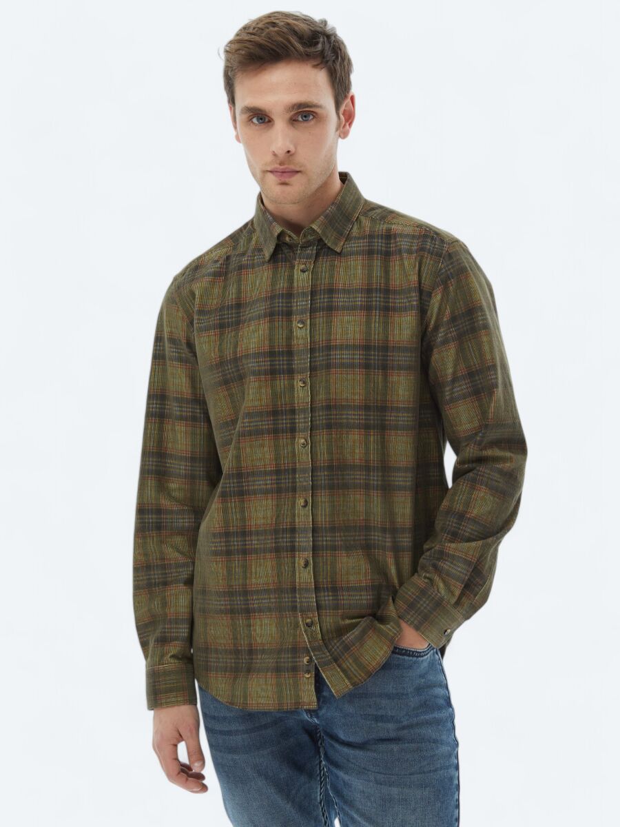 Khaki Ribbed Regular Fit Weaving Casual 100% Cotton Shirt - 1