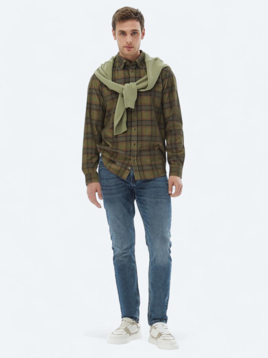 Khaki Ribbed Regular Fit Weaving Casual 100% Cotton Shirt - 2