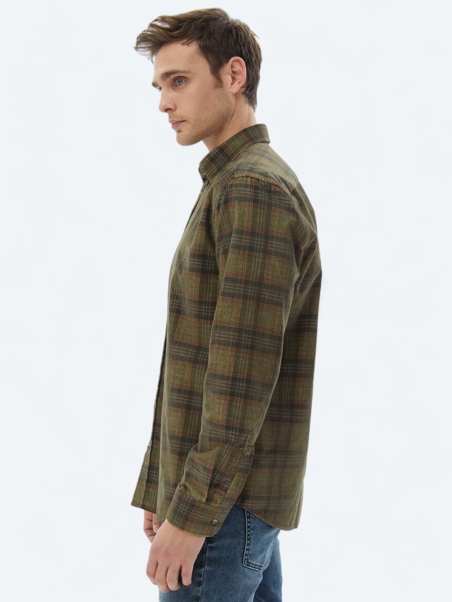 Khaki Ribbed Regular Fit Weaving Casual 100% Cotton Shirt - 3