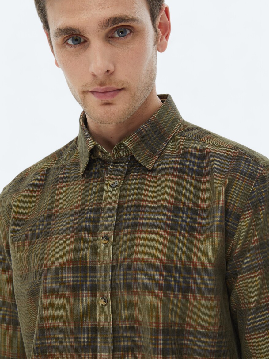 Khaki Ribbed Regular Fit Weaving Casual 100% Cotton Shirt - 4