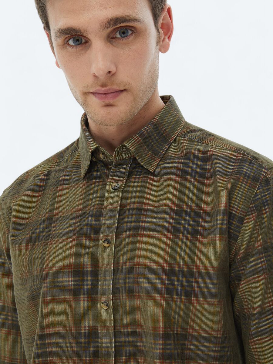 Khaki Ribbed Regular Fit Weaving Casual 100% Cotton Shirt - 4