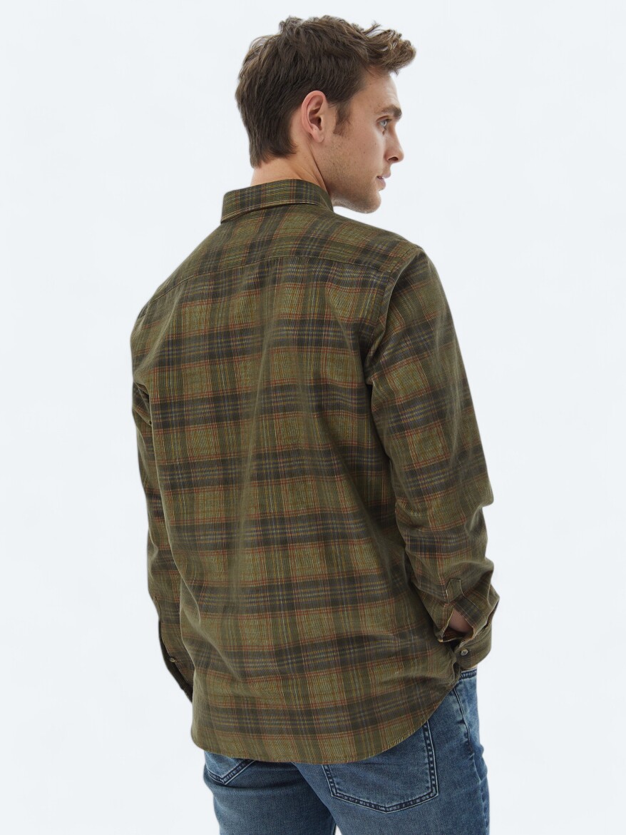 Khaki Ribbed Regular Fit Weaving Casual 100% Cotton Shirt - 5