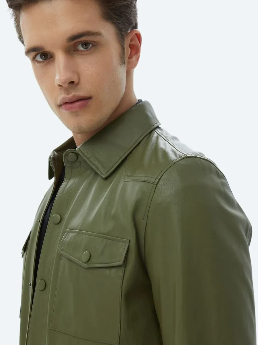 Khaki Shirt Collar Smart Casual Sheep Leather Leather Coat - 2
