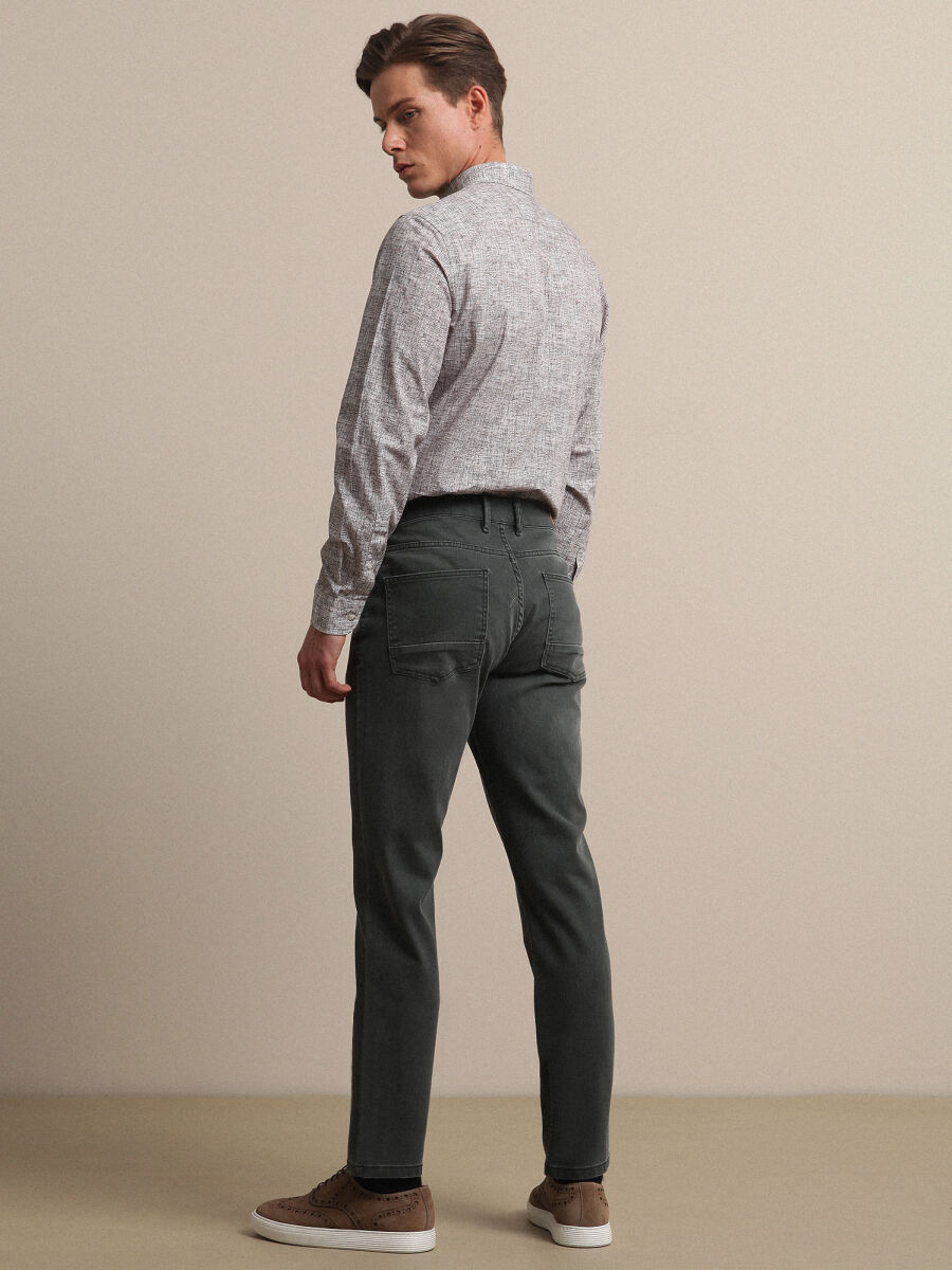 Khaki Slim Fit Denim Cotton Blended Trousers - 4