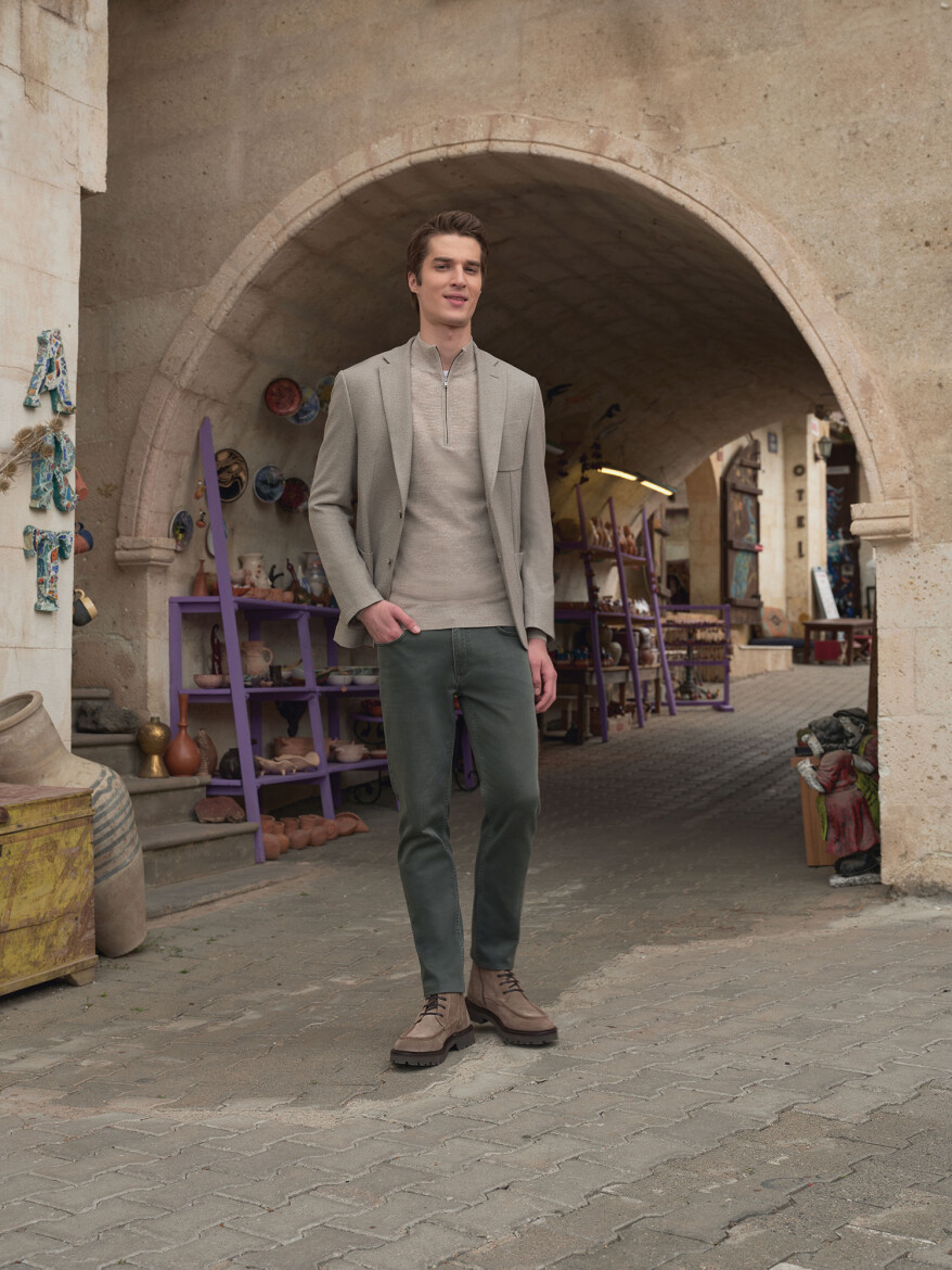 Khaki Slim Fit Denim Cotton Blended Trousers - 1