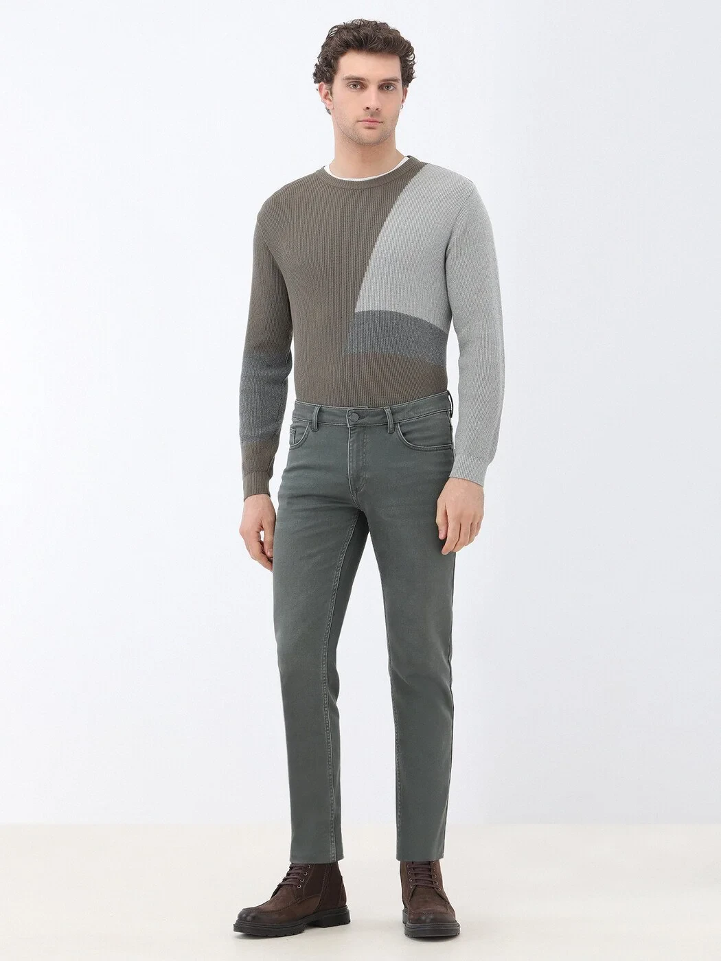 Khaki Slim Fit Denim Cotton Blended Trousers - 2
