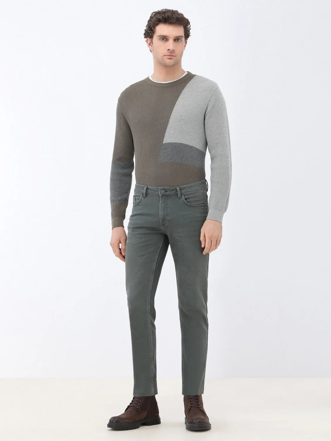 Khaki Slim Fit Denim Cotton Blended Trousers - 2