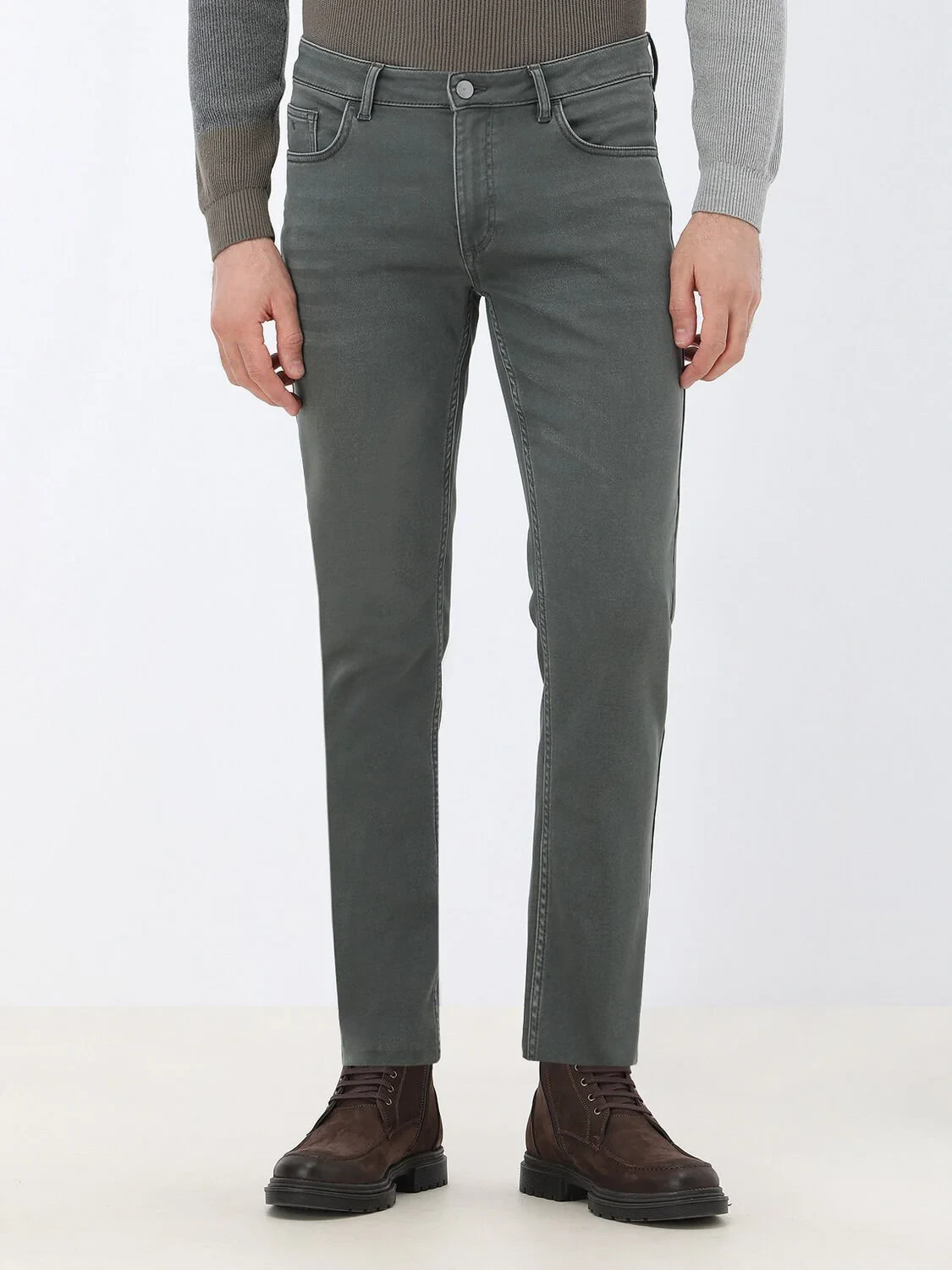 Khaki Slim Fit Denim Cotton Blended Trousers - 3