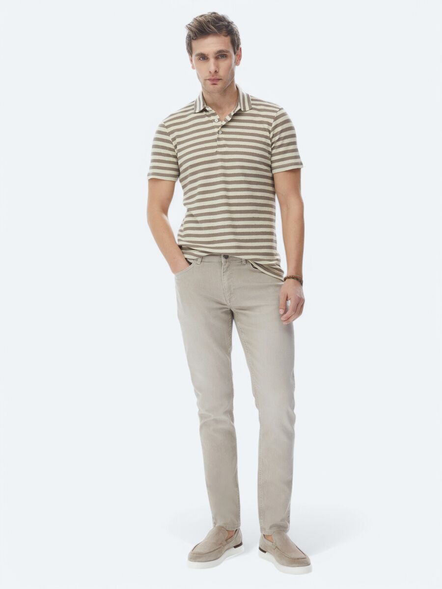 Khaki Slim Fit Denim Cotton Blended Trousers - 1