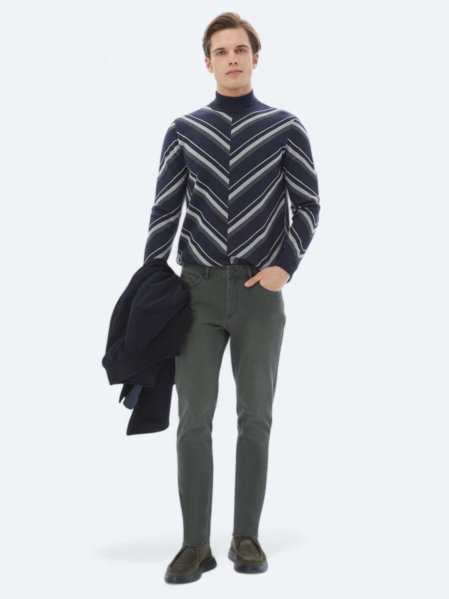 Khaki Slim Fit Denim Cotton Blended Trousers - 1