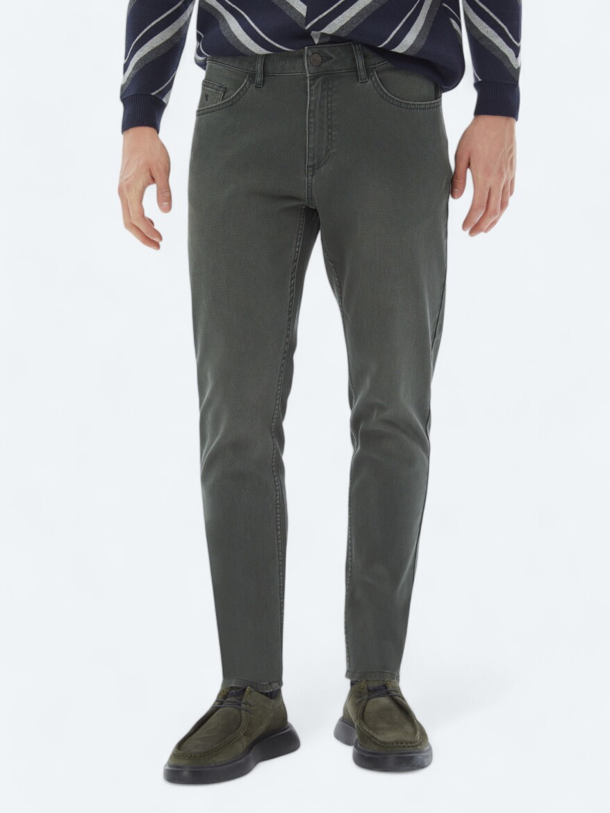 Khaki Slim Fit Denim Cotton Blended Trousers - 2