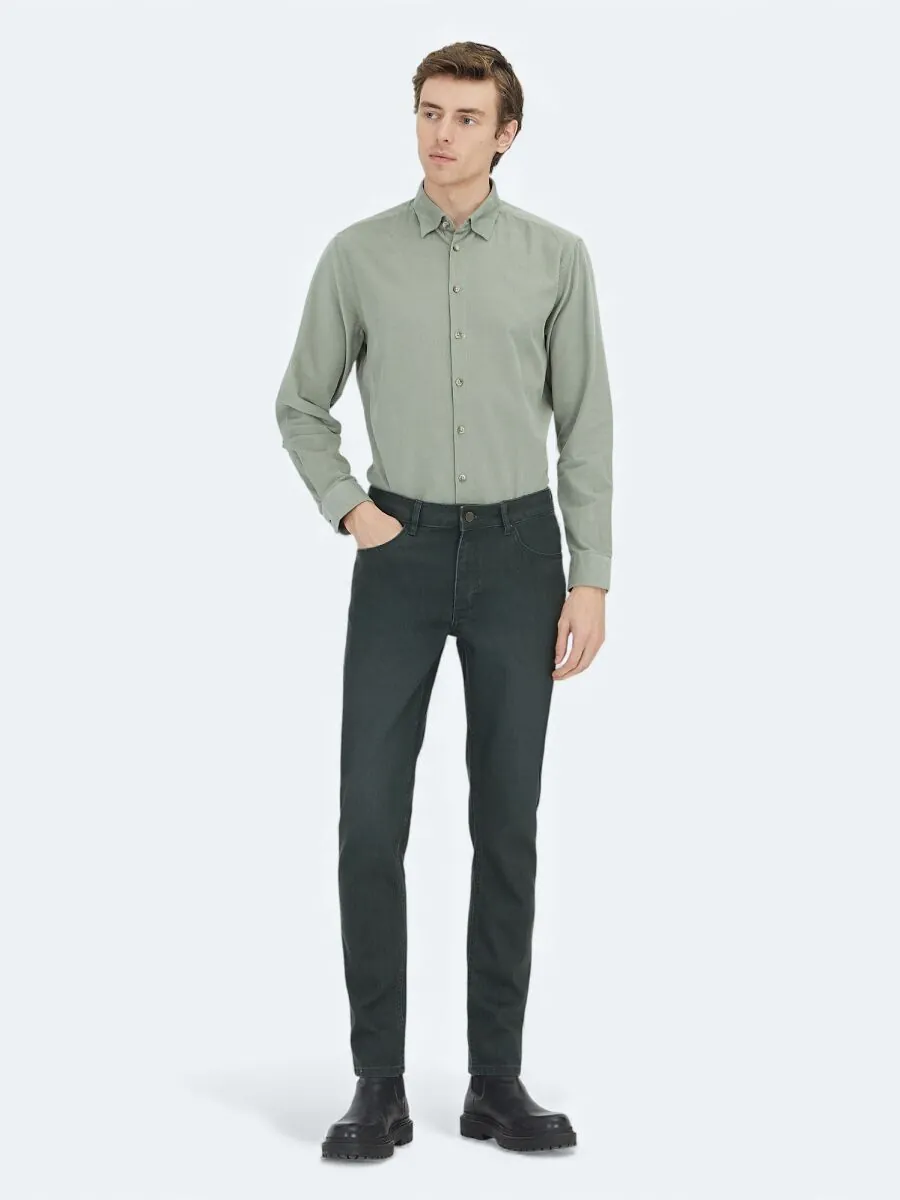 Khaki Slim Fit Denim Cotton Blended Trousers - 1