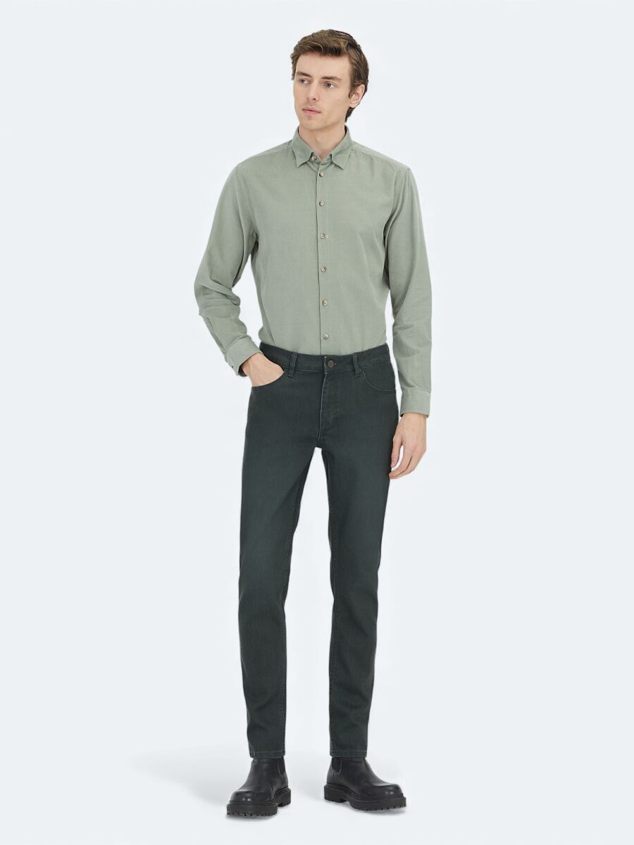 Khaki Slim Fit Denim Cotton Blended Trousers - 1