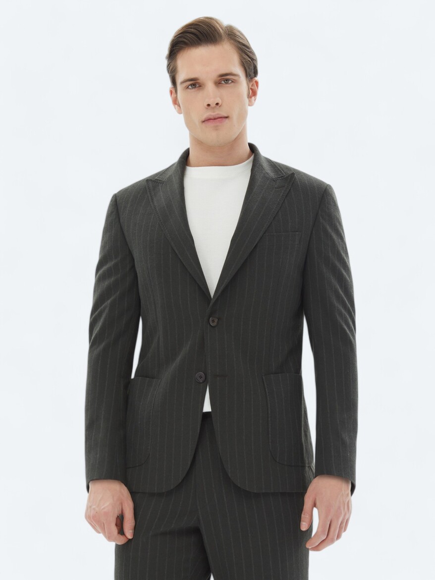 Khaki Striped Modern Fit Suit - 1