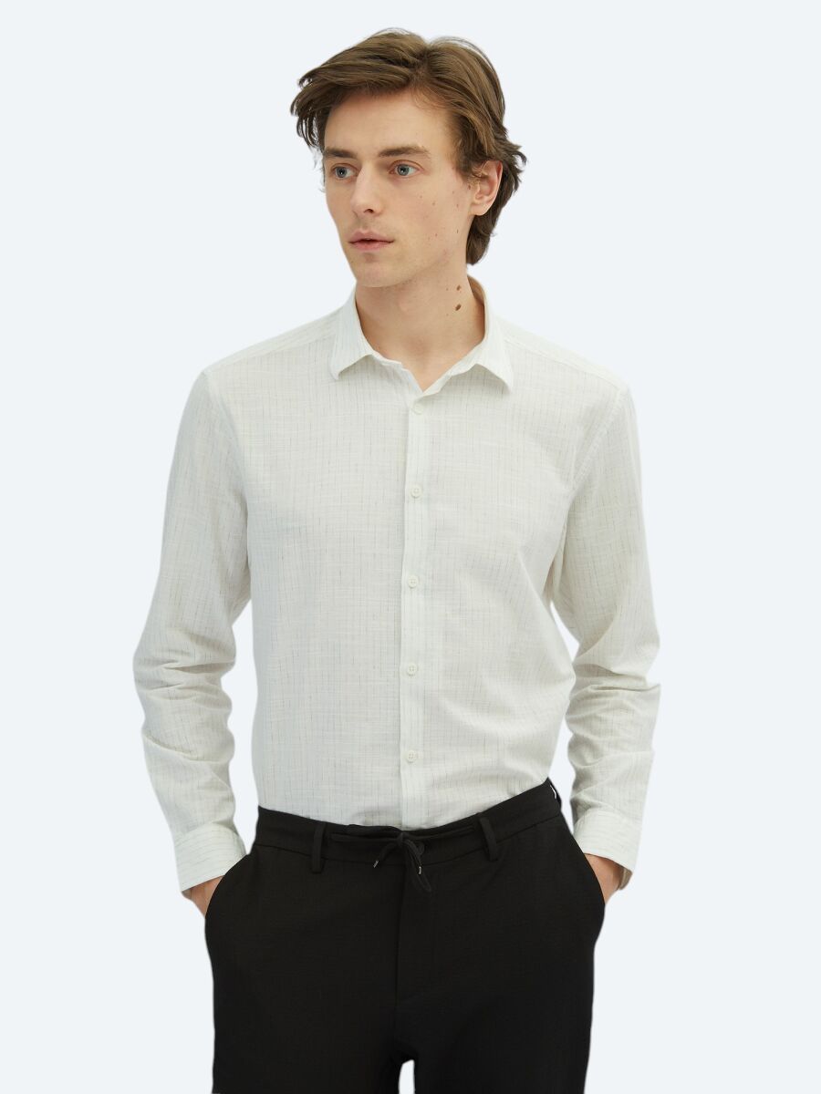 Khaki Striped Regular Fit Long Weaving Casual 100% Cotton Shirt - 1