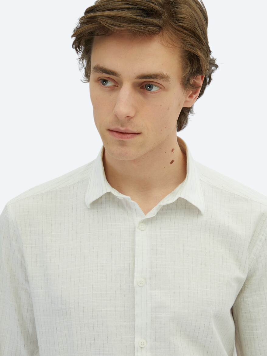 Khaki Striped Regular Fit Long Weaving Casual 100% Cotton Shirt - 3