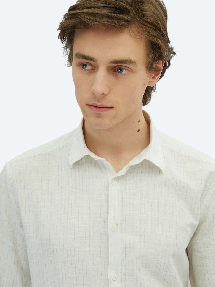 Khaki Striped Regular Fit Long Weaving Casual 100% Cotton Shirt - 3