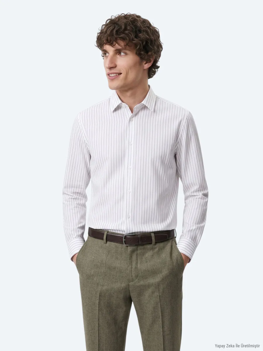 Khaki Striped Regular Fit Long Weaving Casual 100% Cotton Shirt - 1