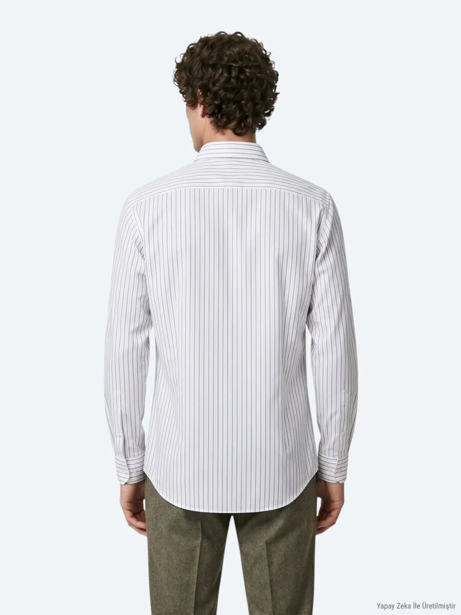 Khaki Striped Regular Fit Long Weaving Casual 100% Cotton Shirt - 6