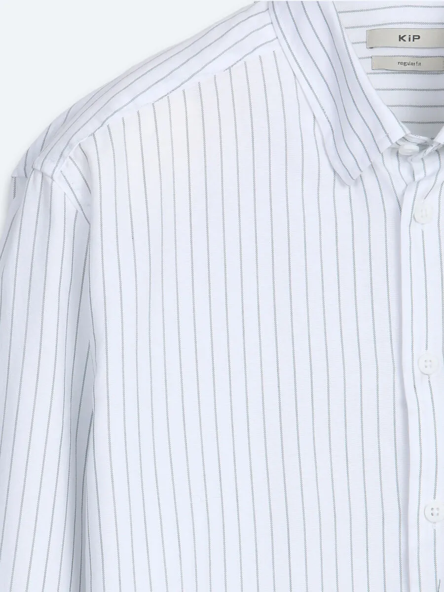 Khaki Striped Regular Fit Long Weaving Casual 100% Cotton Shirt - 8