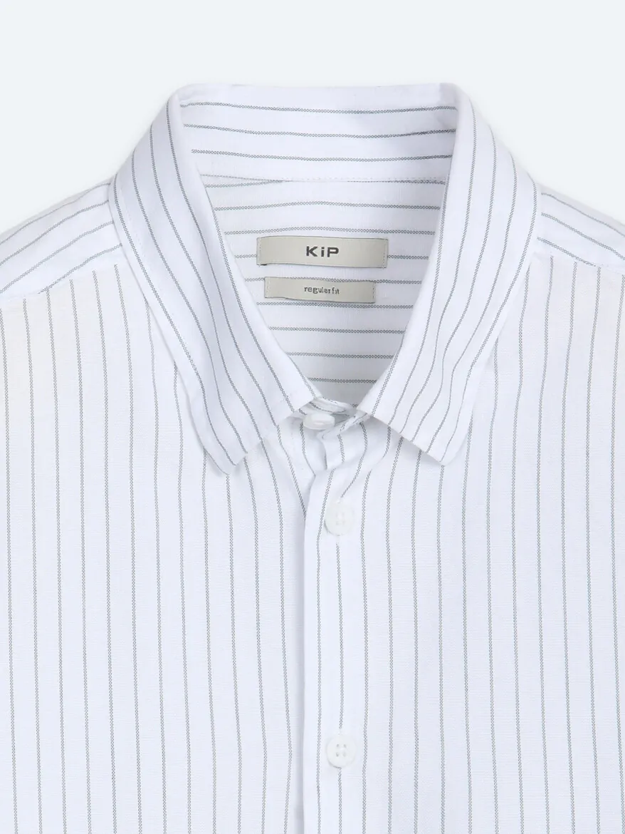 Khaki Striped Regular Fit Long Weaving Casual 100% Cotton Shirt - 9