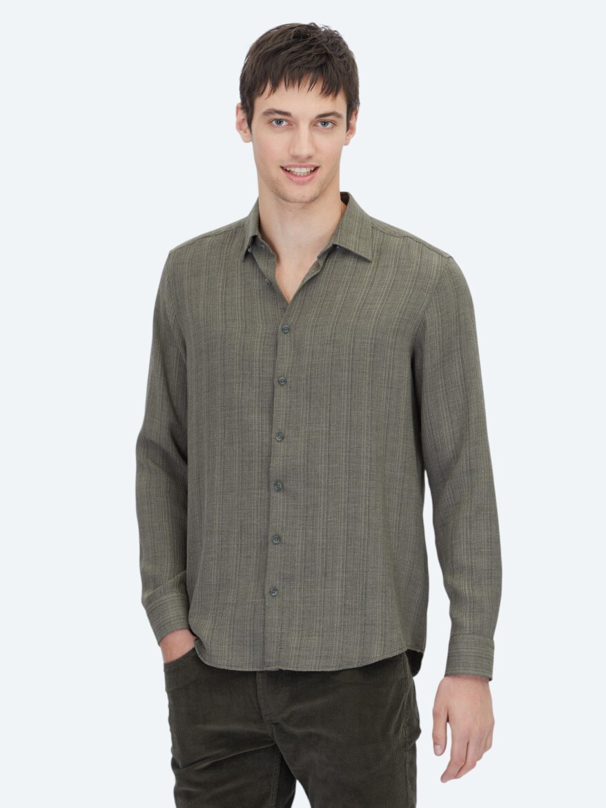 Khaki Striped Regular Fit Long Weaving Casual Shirt 