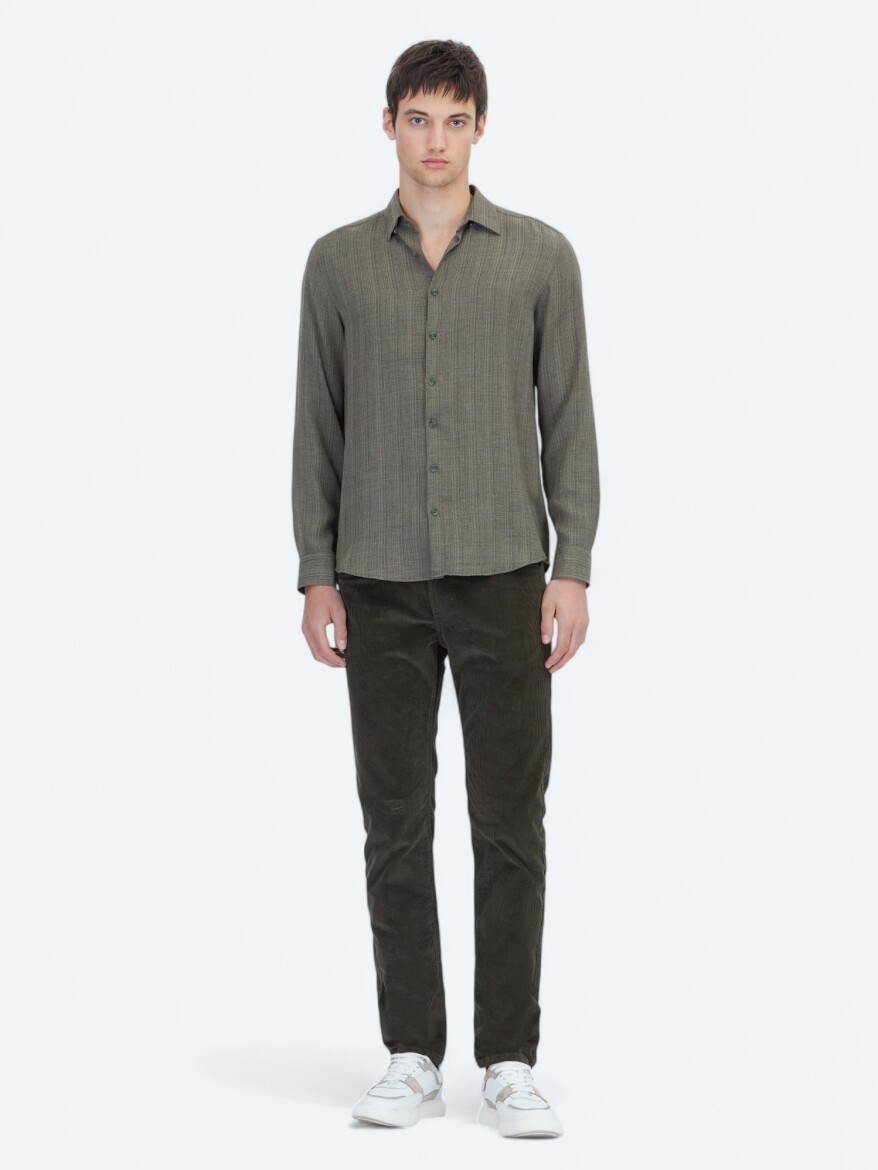 Khaki Striped Regular Fit Long Weaving Casual Shirt - 2