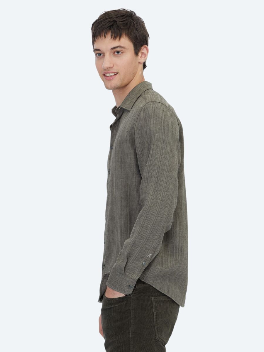 Khaki Striped Regular Fit Long Weaving Casual Shirt - 3