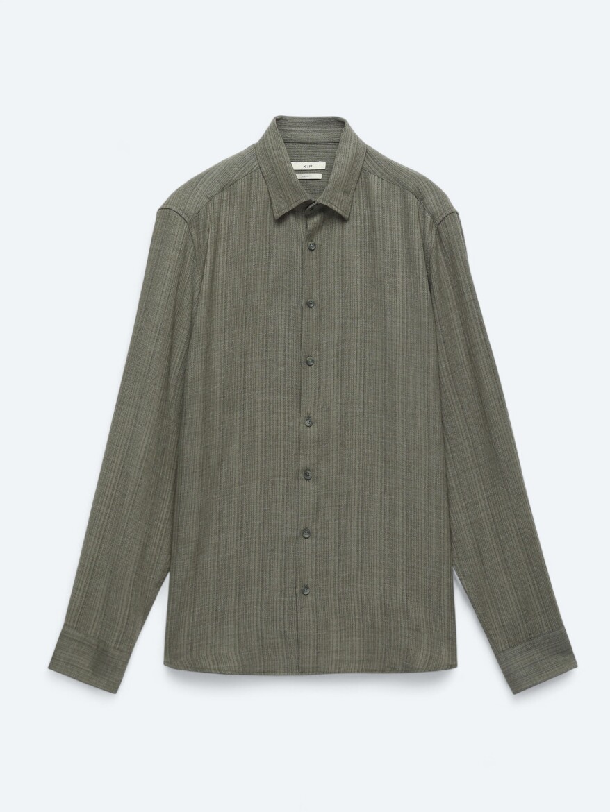Khaki Striped Regular Fit Long Weaving Casual Shirt - 7