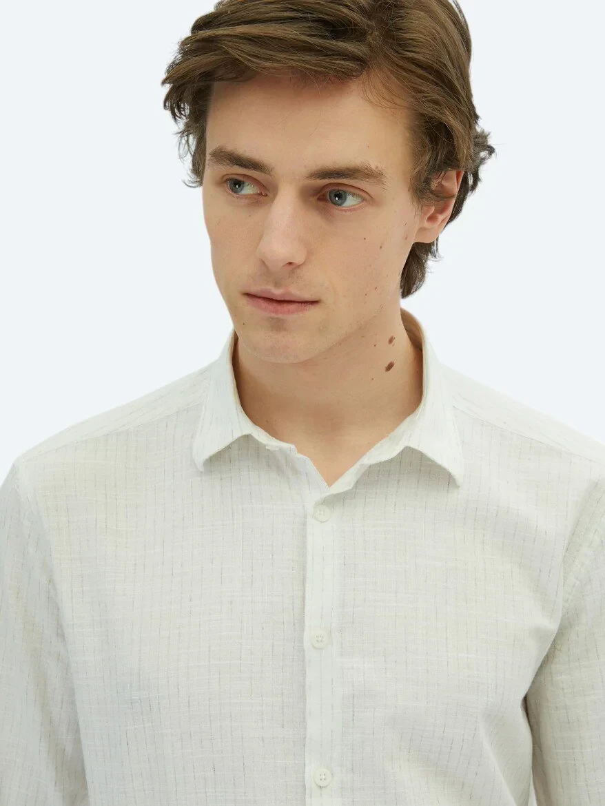 Khaki Striped Regular Fit Weaving Casual 100% Cotton Shirt - 3