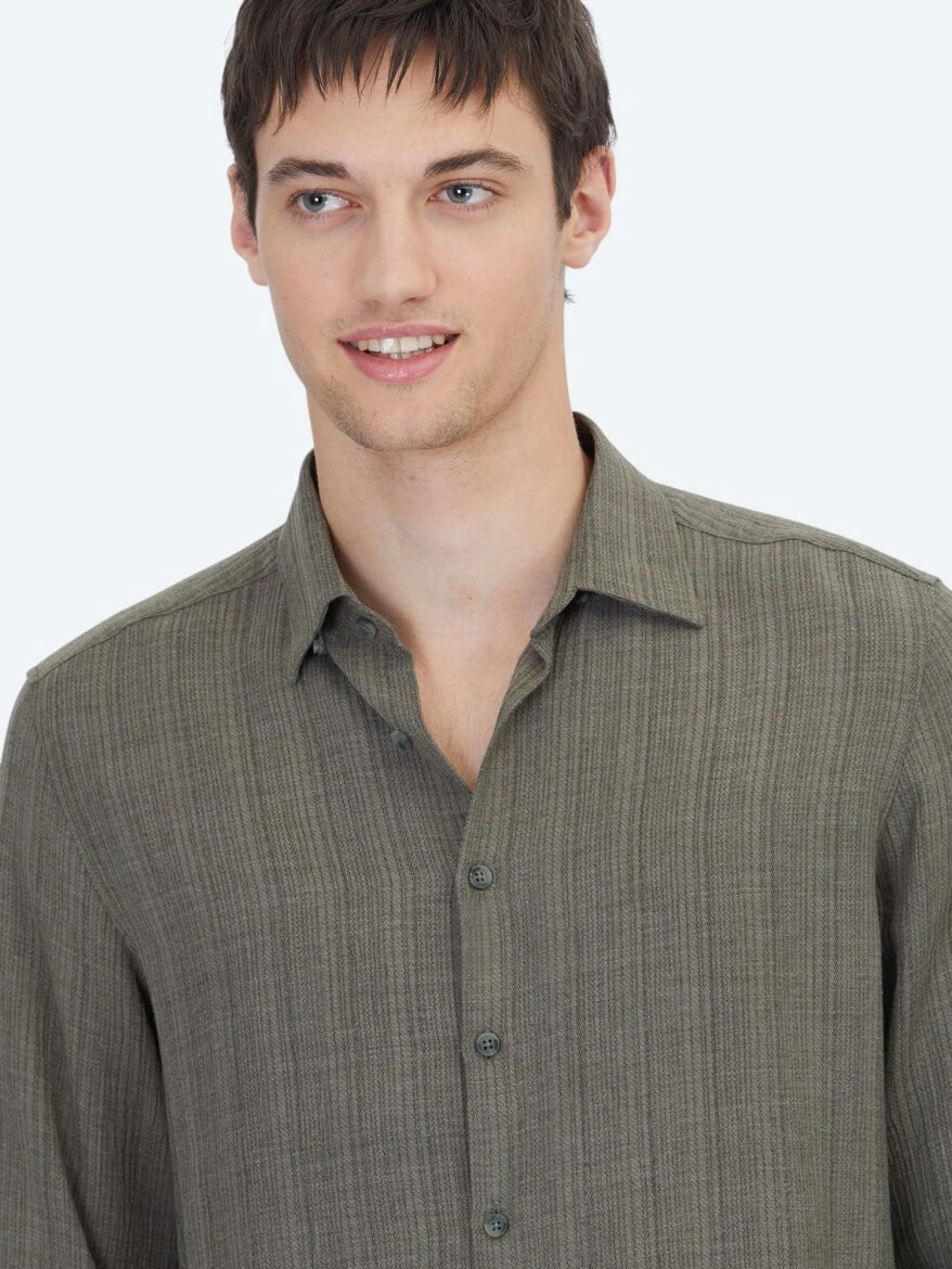 Khaki Striped Regular Fit Weaving Casual Shirt - 4