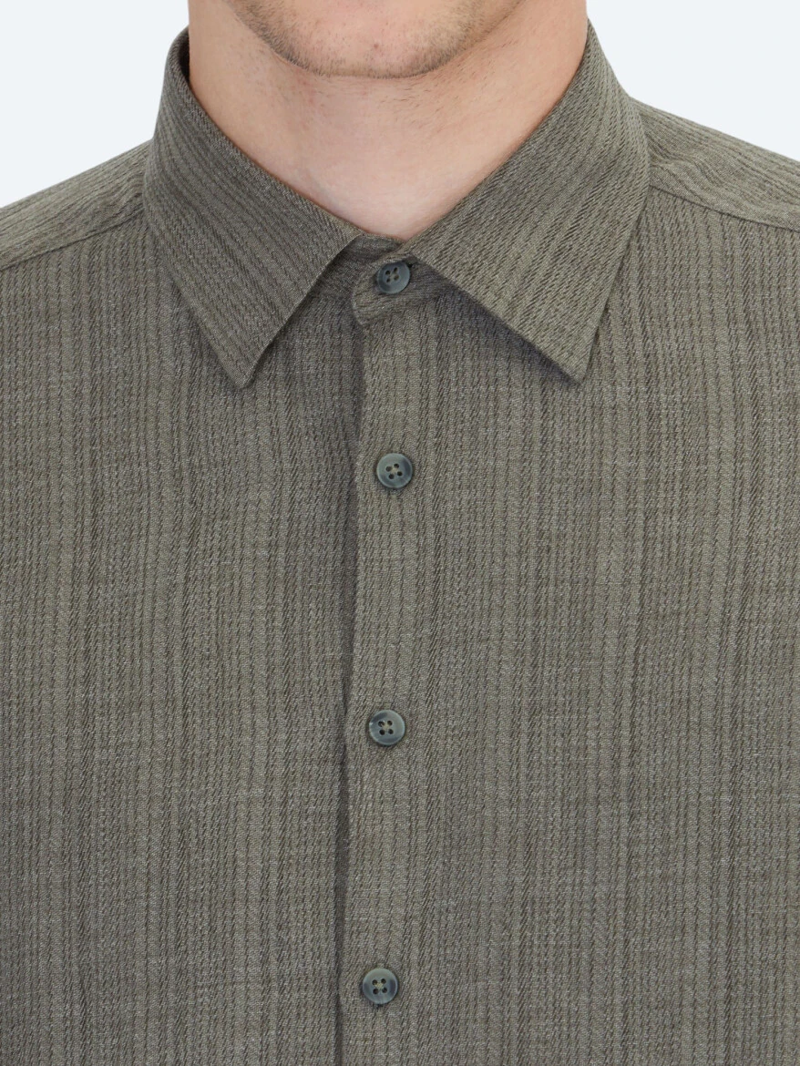 Khaki Striped Regular Fit Weaving Casual Shirt - 5