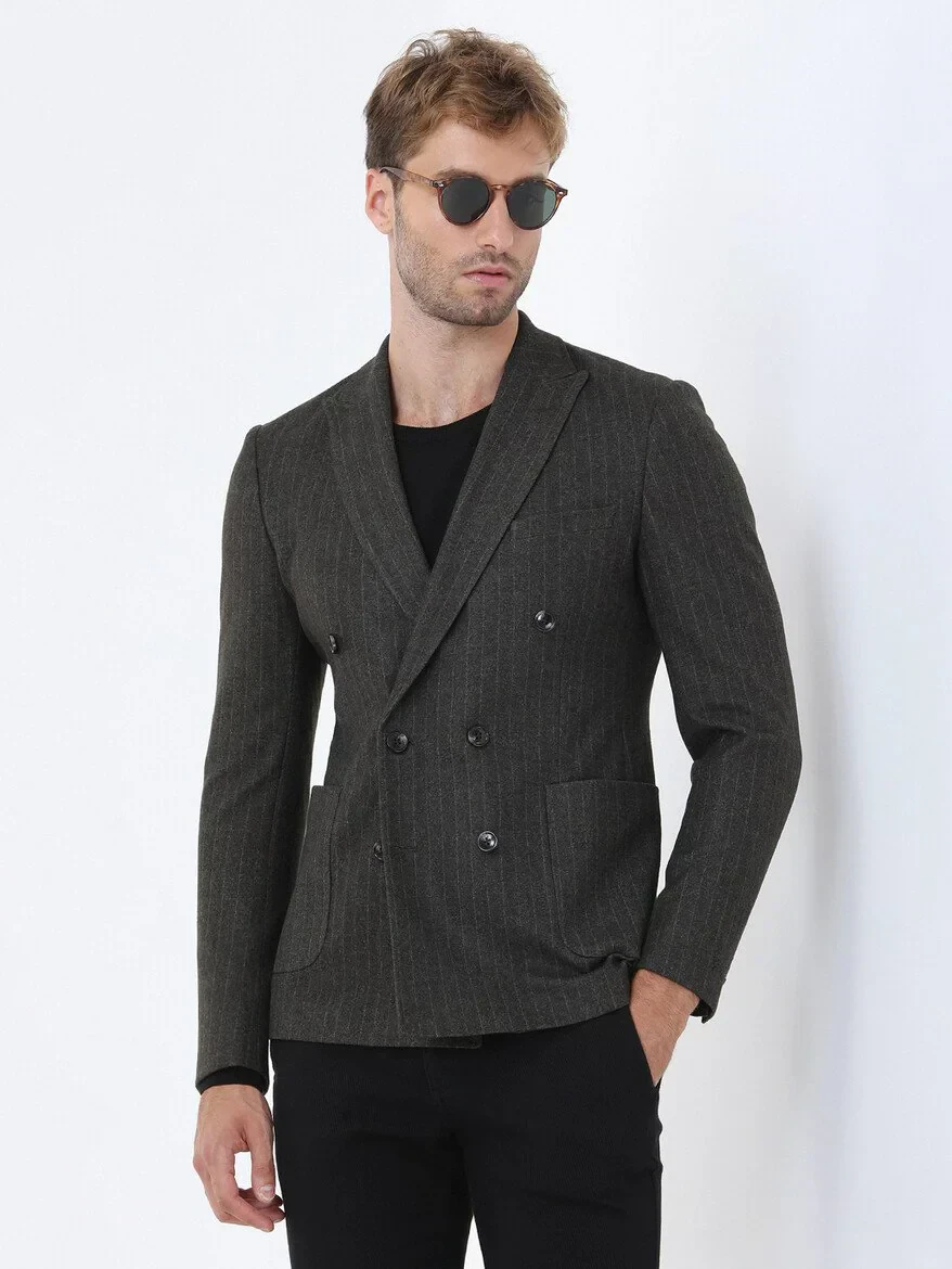 Khaki Striped Slim Fit Jacket - 1